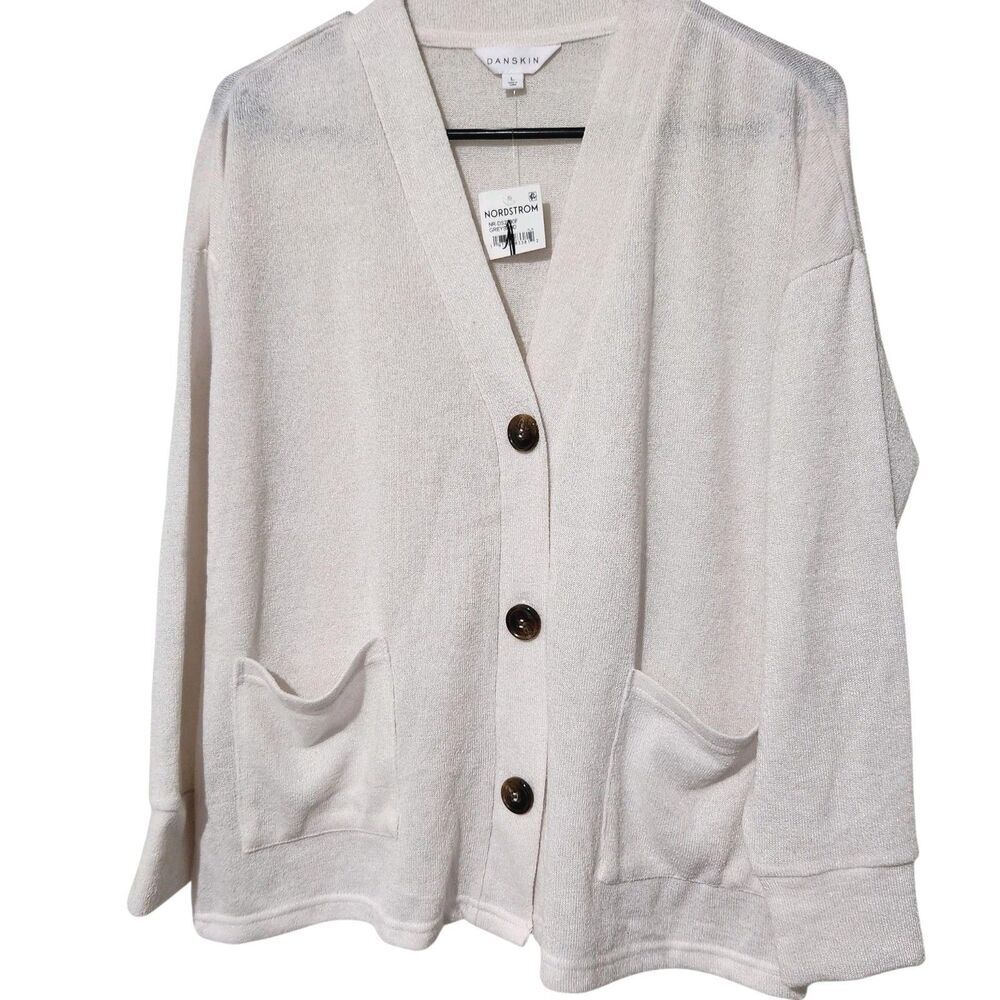 Danskin Women Cardigan Sweater  Large Pearl Color Sheer Lightweight With Pockets